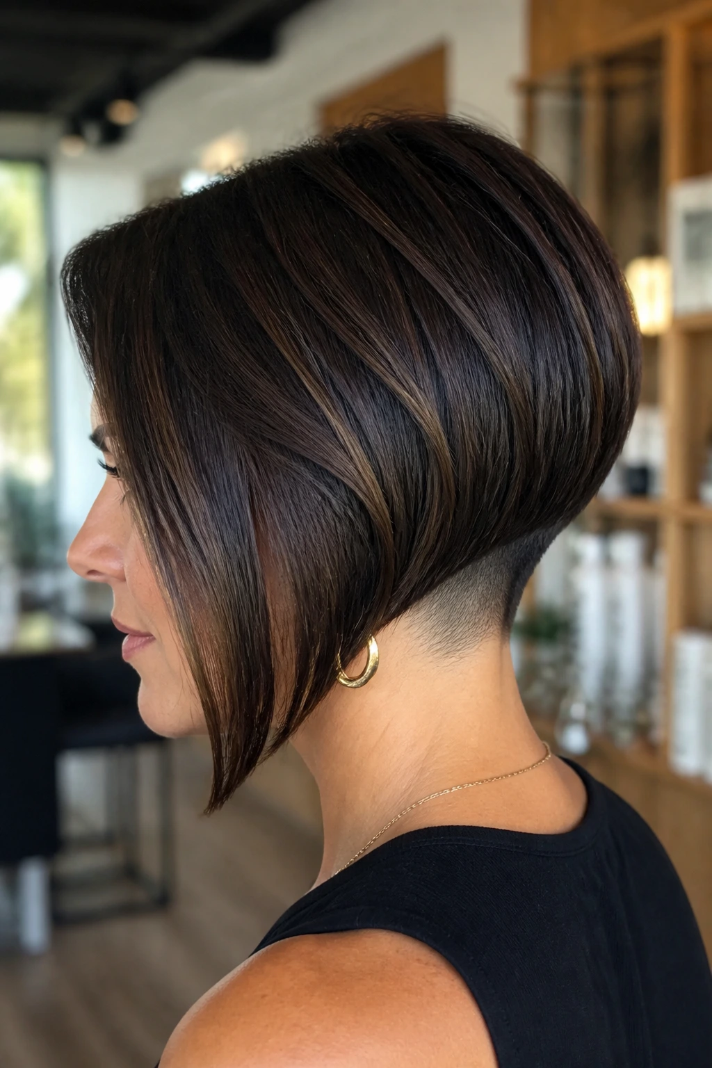 Close-up portrait of a real woman with an undercut diagonal bob for heavy hair showing diagonal edge and hidden nape undercut
