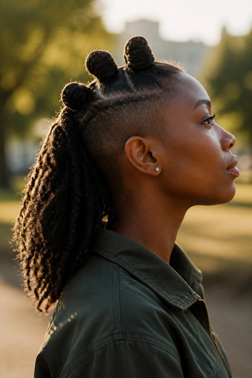 Close-up of a person with an undercut and three center knots in golden hour outdoor light