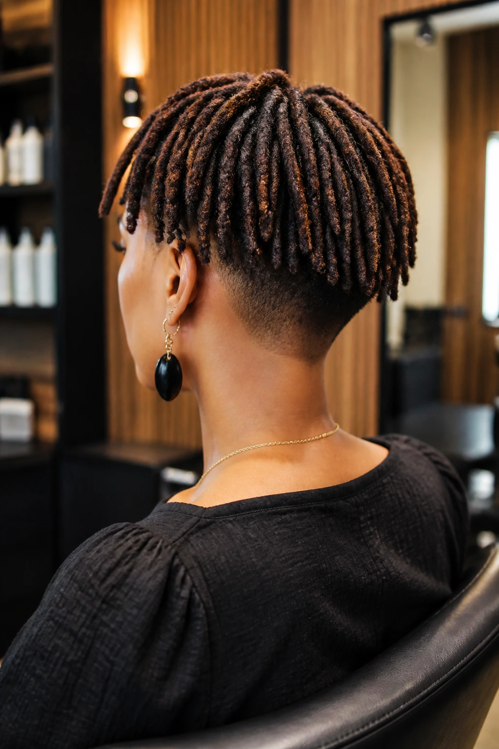 Three-quarter rear portrait of a real person showing a tight undercut at the nape under a loc bob