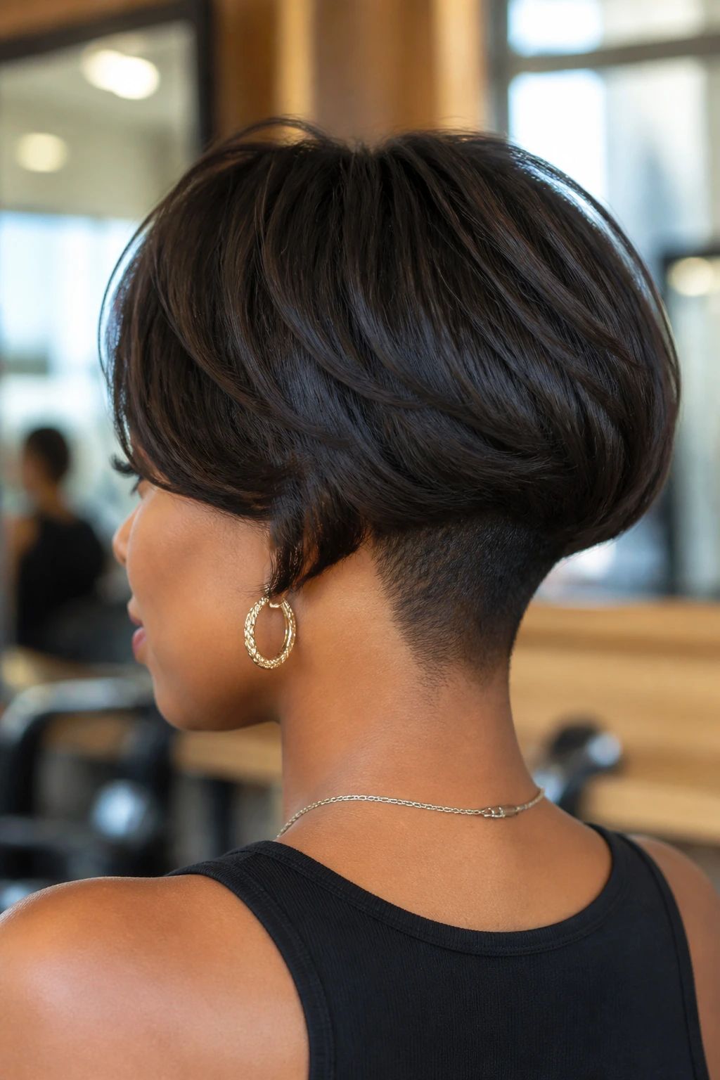 Close-up portrait of a real woman with a bob and shaved undernape