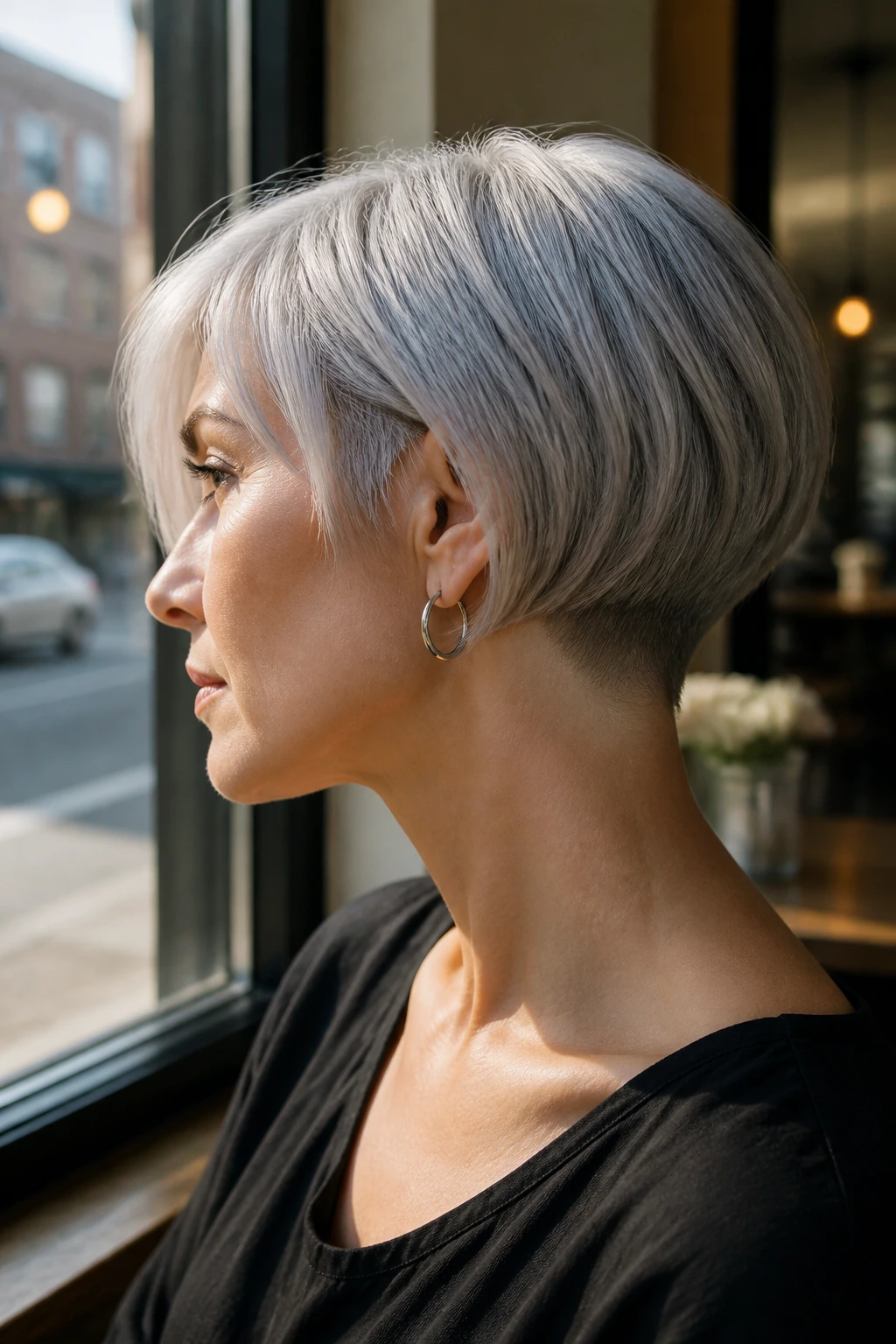 Close-up portrait of a real woman with an undercut silver bob and crisp nape in warm cafe light