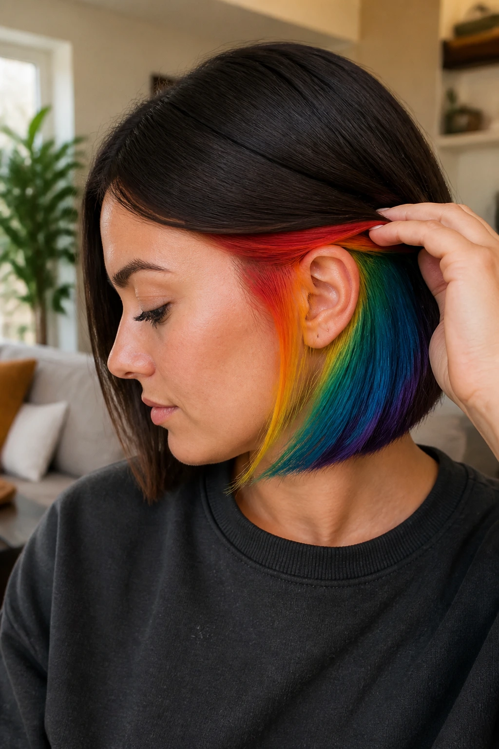 Portrait of person with hidden underlayer rainbow bob peeking when tucked behind the ear