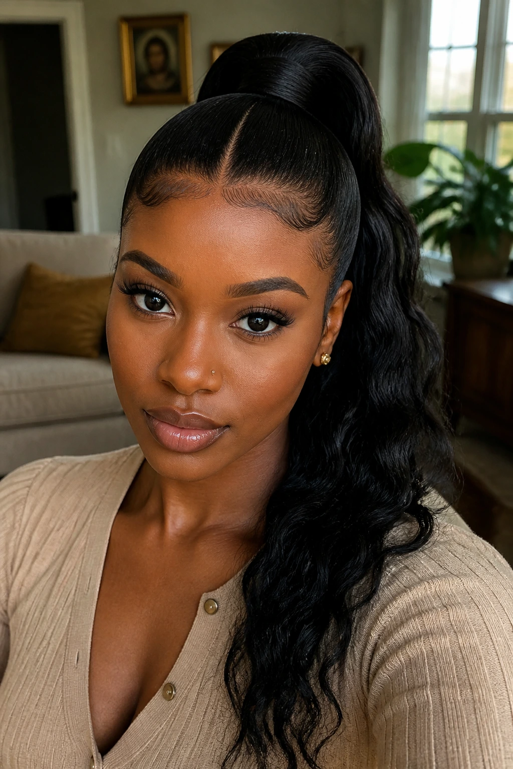 Close-up portrait of a real Black woman with a V-part ponytail in a cozy living room