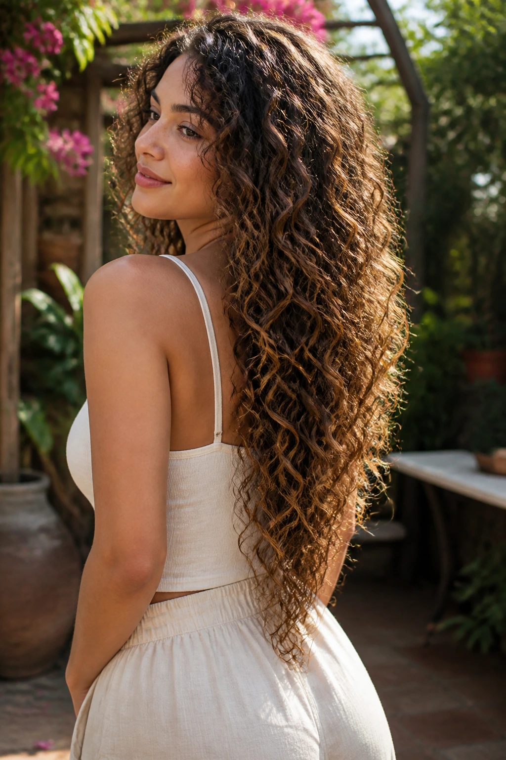 Close-up portrait of a real woman with V-shaped length layers in long curls