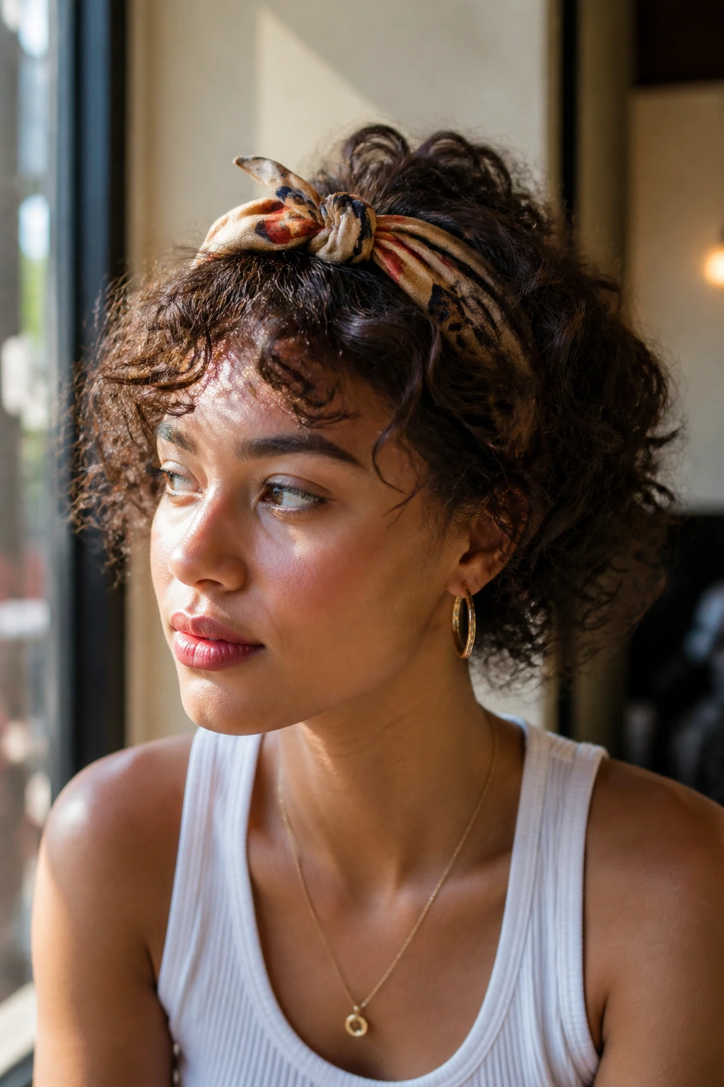 Close-up of a real woman with a vintage front tie scarf around the forehead