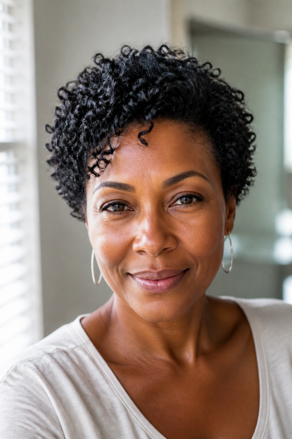 Close-up of a woman with a defined wash-and-go afro on short hair