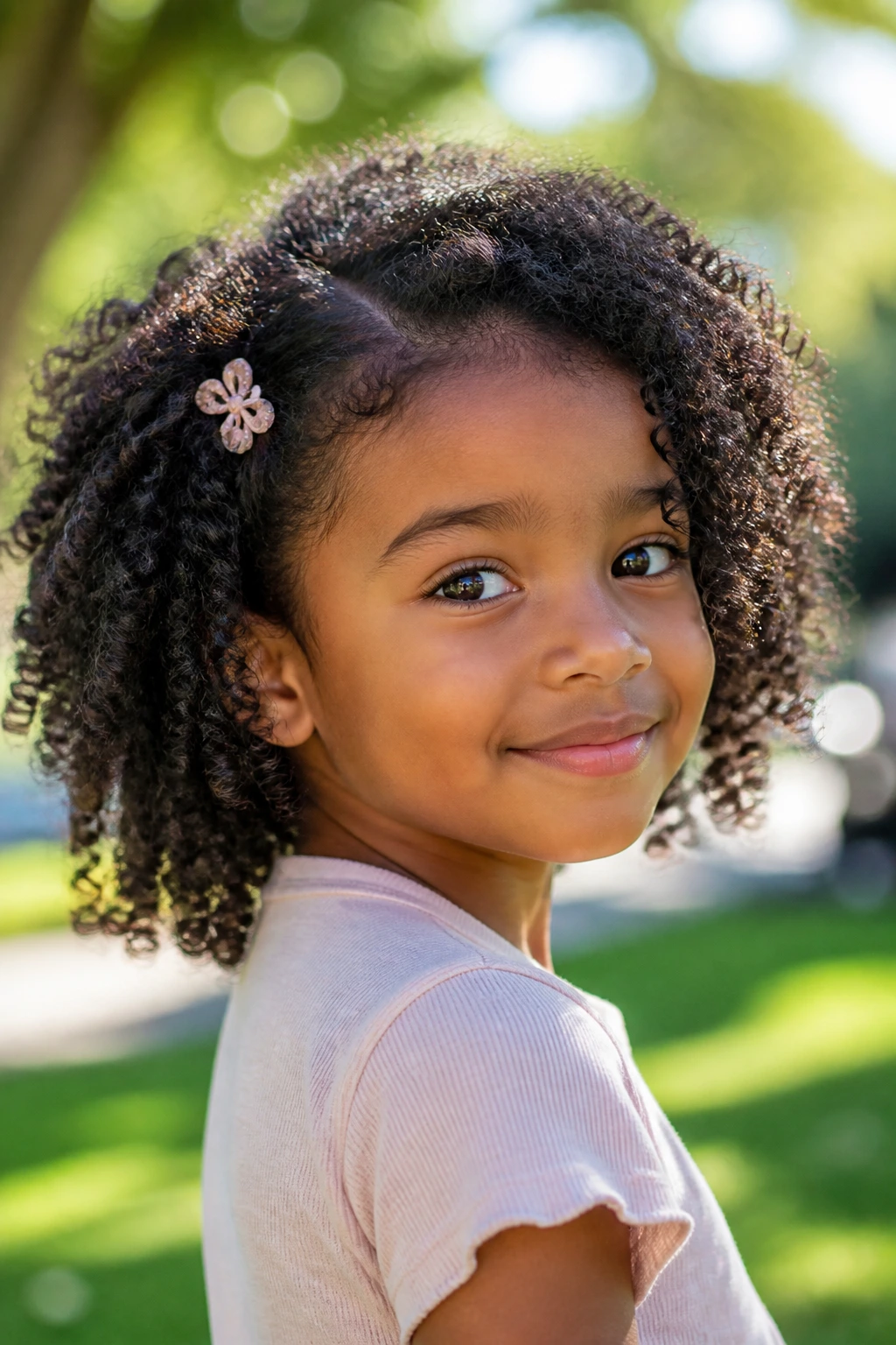 Close-up of a real child with defined curls and a barrette in a sunny outdoor setting.