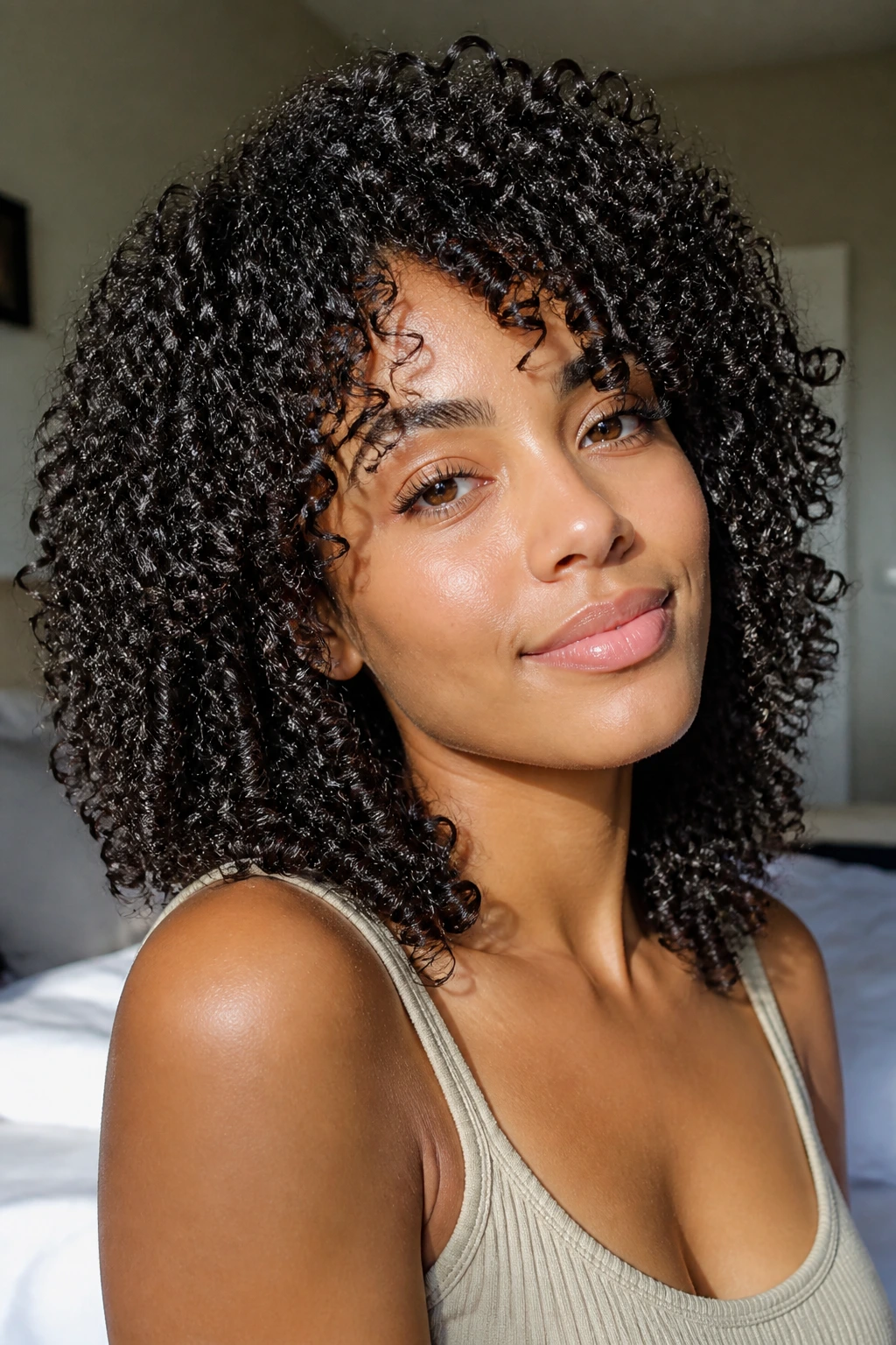 Close-up of a real person with defined wash-and-go curls in warm window light