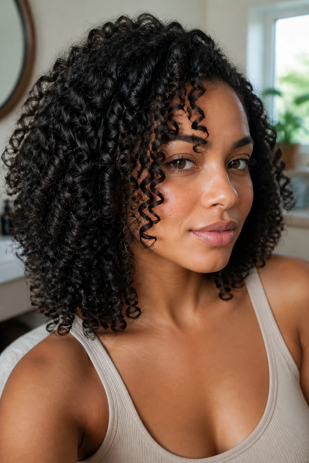 Close-up of a real woman with defined wash-and-go curls in natural light