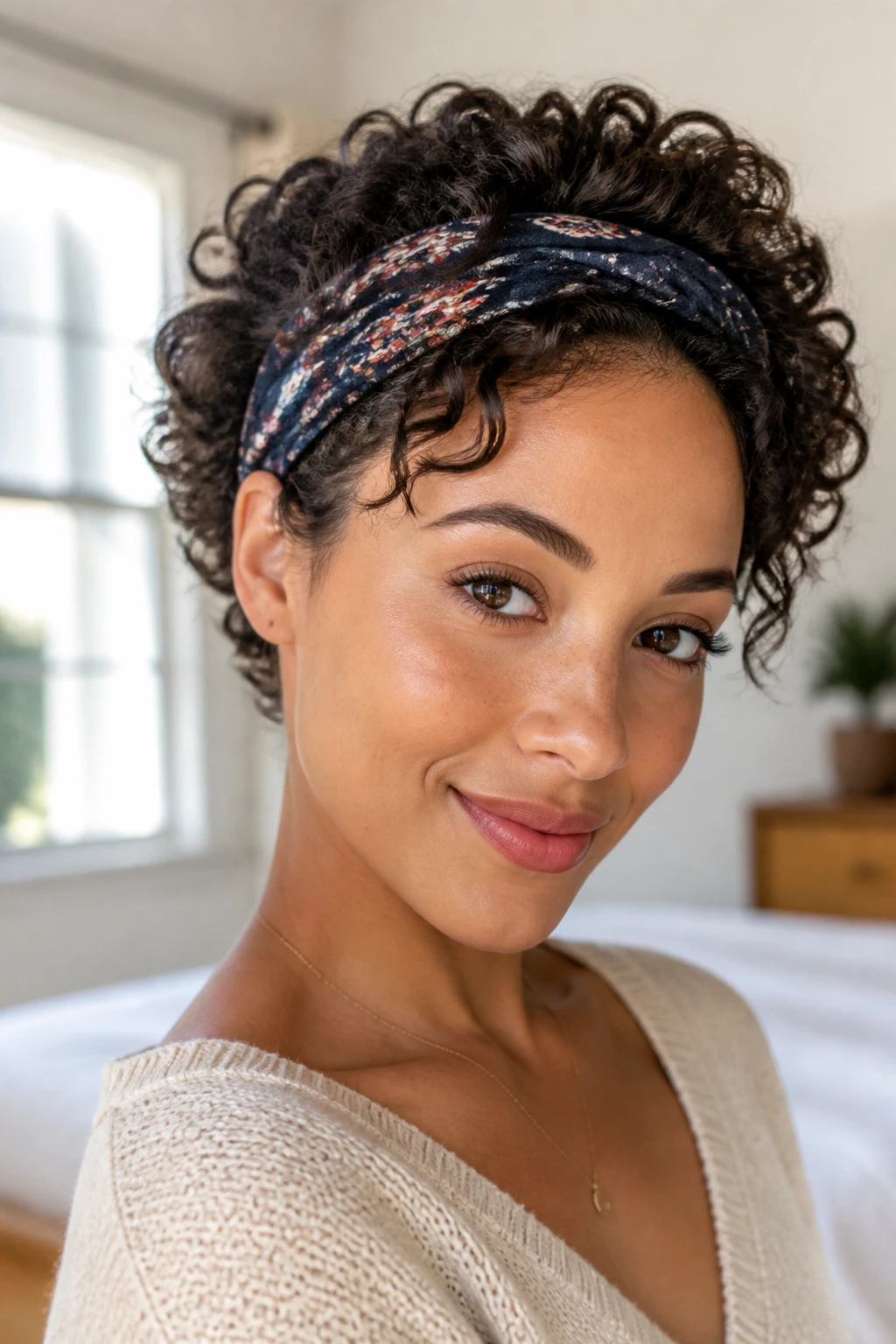 Portrait of defined wash-and-go curls with a headband in bright light