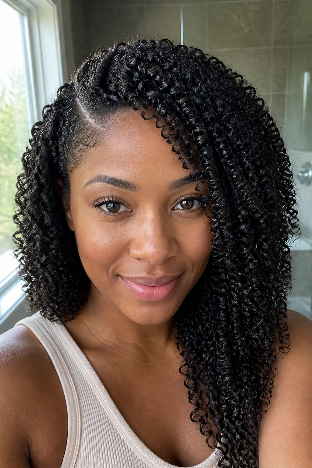 Close-up of a real woman with a sculpted wash-and-go and side part, tight glossy curls