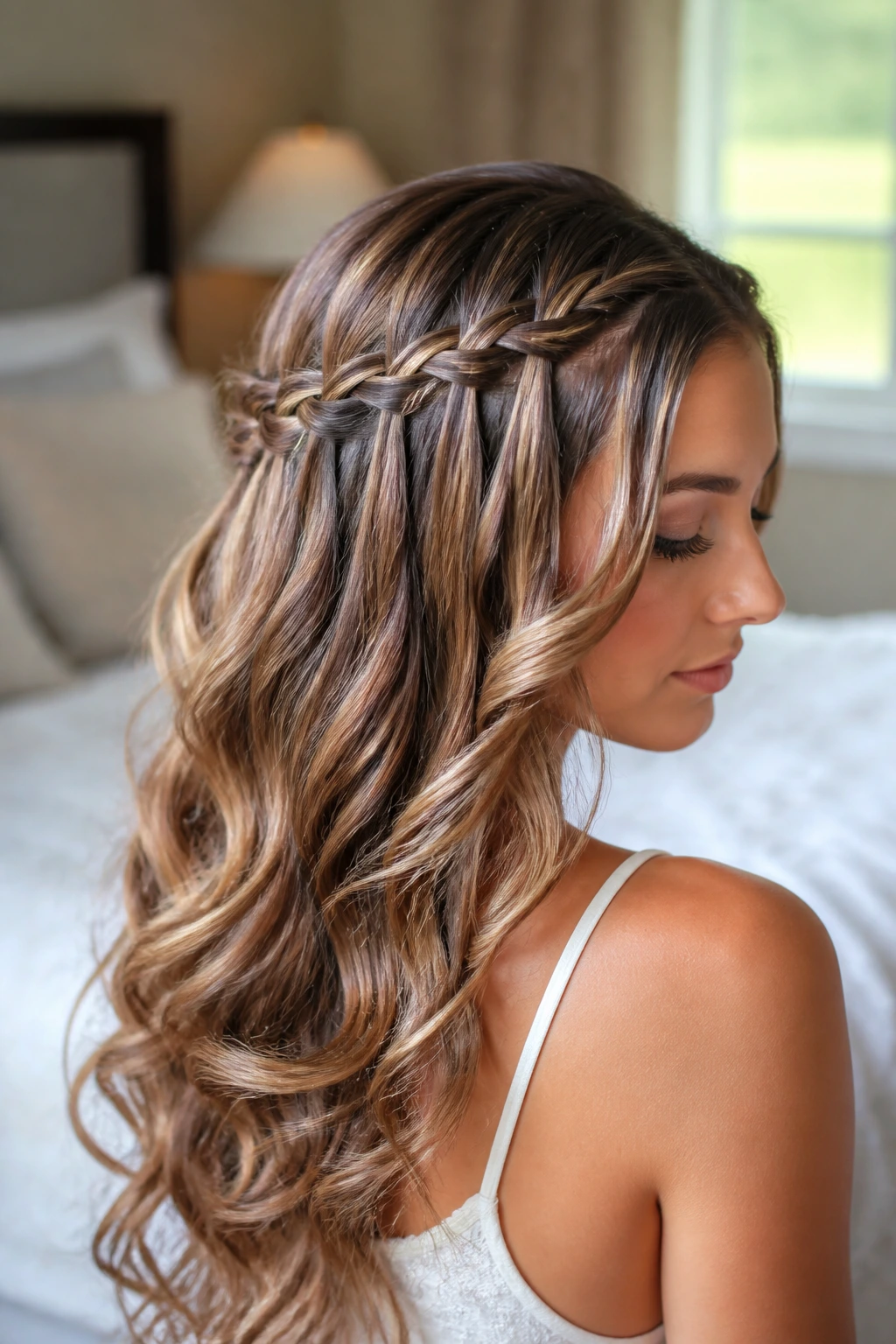 Close-up of a woman with a waterfall braid half-up and waves