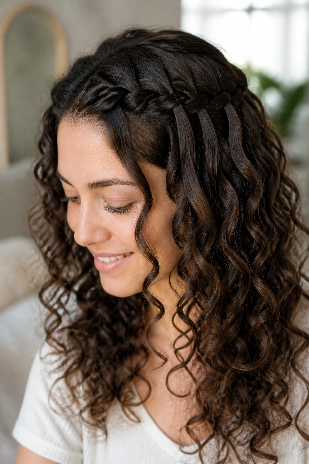Close-up of a waterfall front braid blending into loose ringlets on curly hair