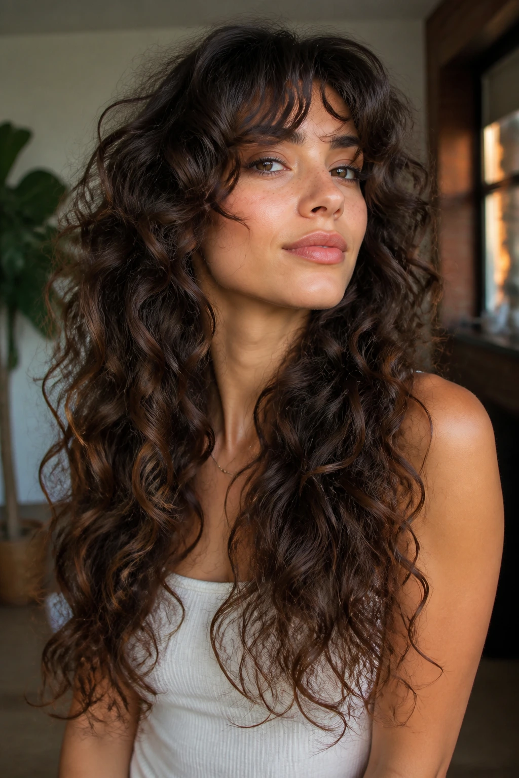 Close-up portrait of a real woman with waterfall layers in long curly hair living in a cozy indoor setting