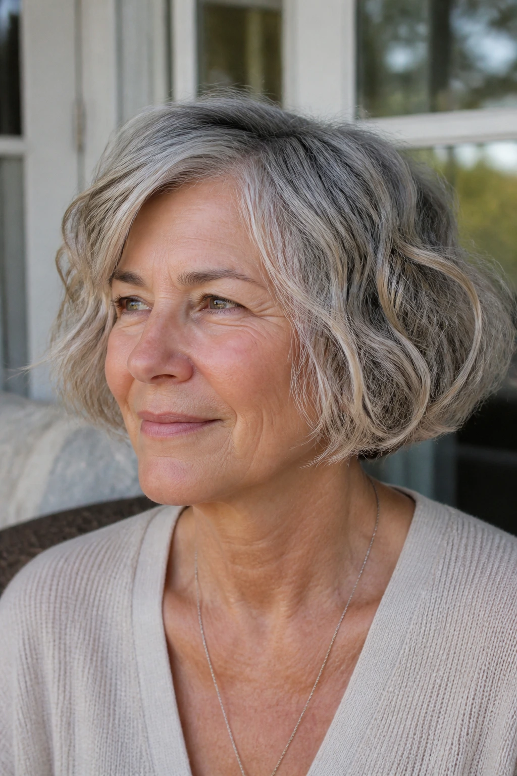 Portrait of a real woman with a wavy bob and air-dried texture in outdoor light.