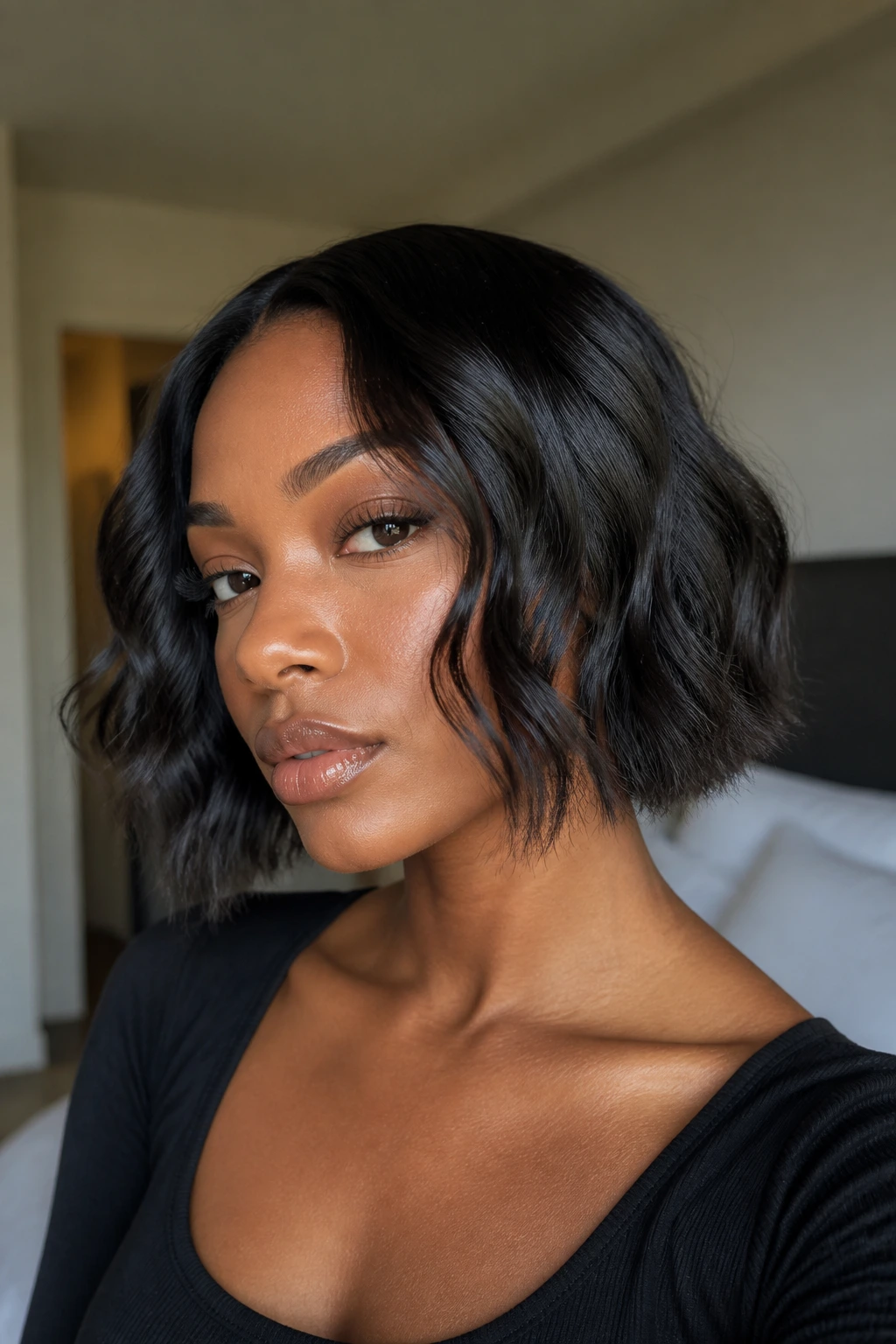 Close-up of a real Black woman with a wavy bob and piecey ends, soft natural light