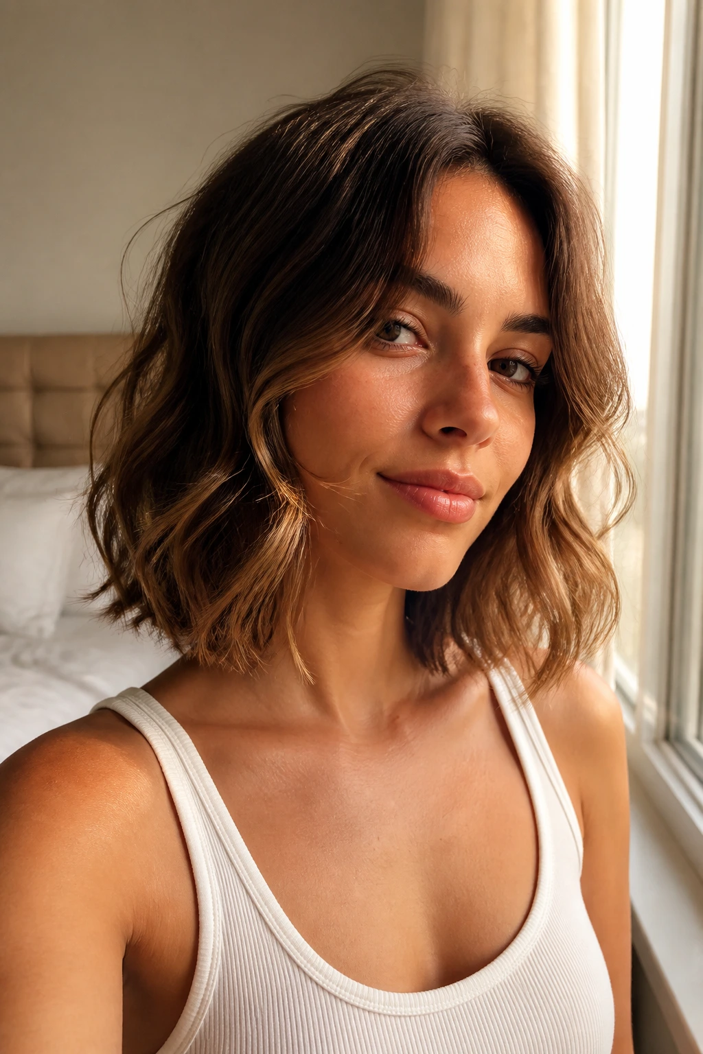 Close-up portrait of a woman with a wavy collarbone bob in natural window light