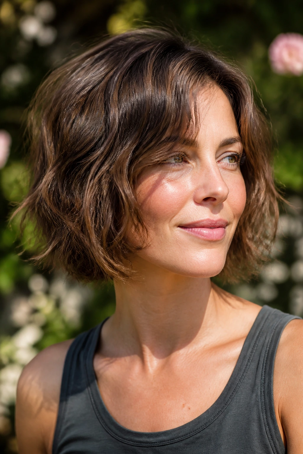 Real person with wavy layered bob and air-dried texture in natural sunlight