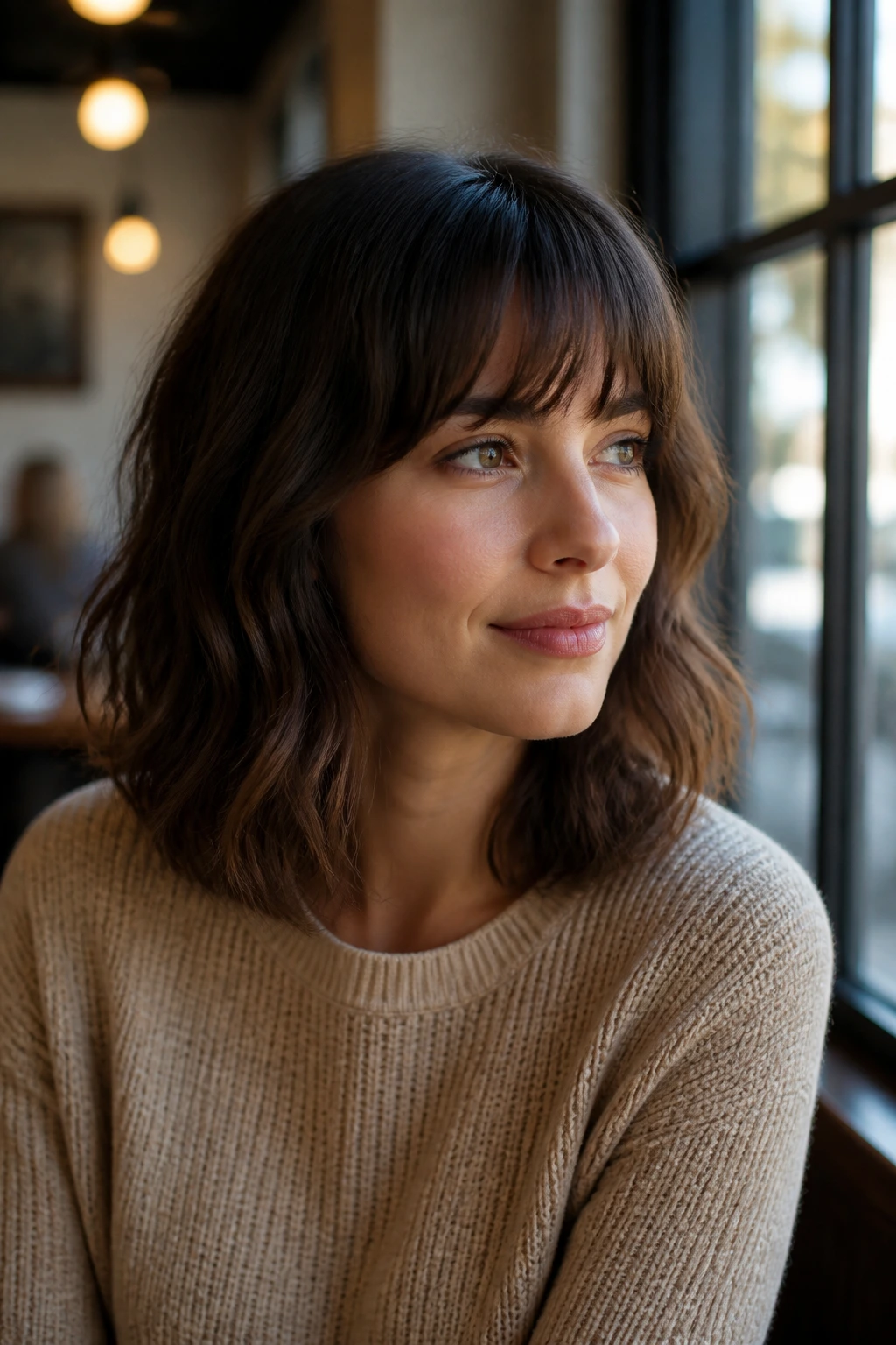Real woman with wavy lob and brow-grazing bangs in sunlit cafe setting.