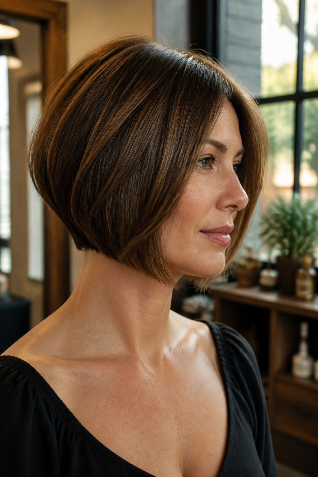 Close-up portrait of a real woman with a wedge bob, showing lift at the crown and tapered sides