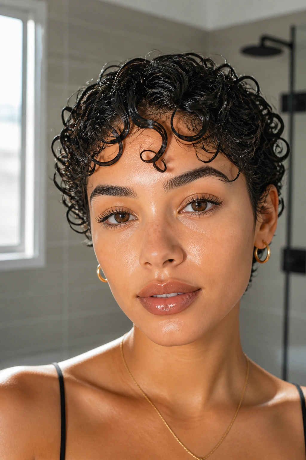 Close-up of short curls with glossy wet-look gel