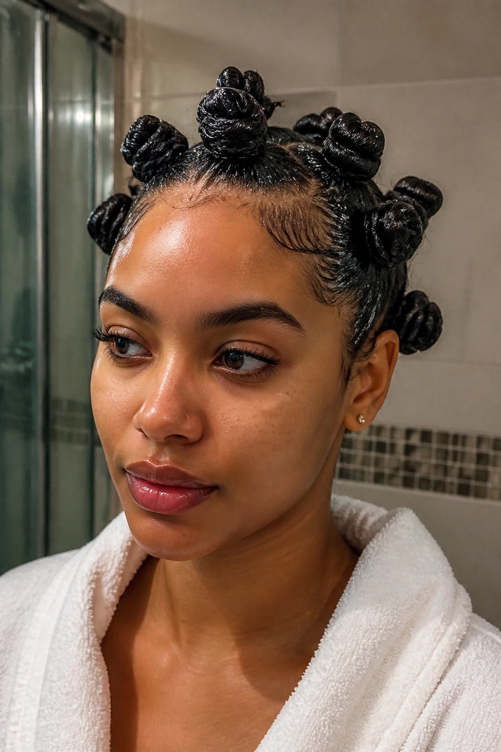 Wet-Set Knots close-up on damp hair with knots awaiting curl results