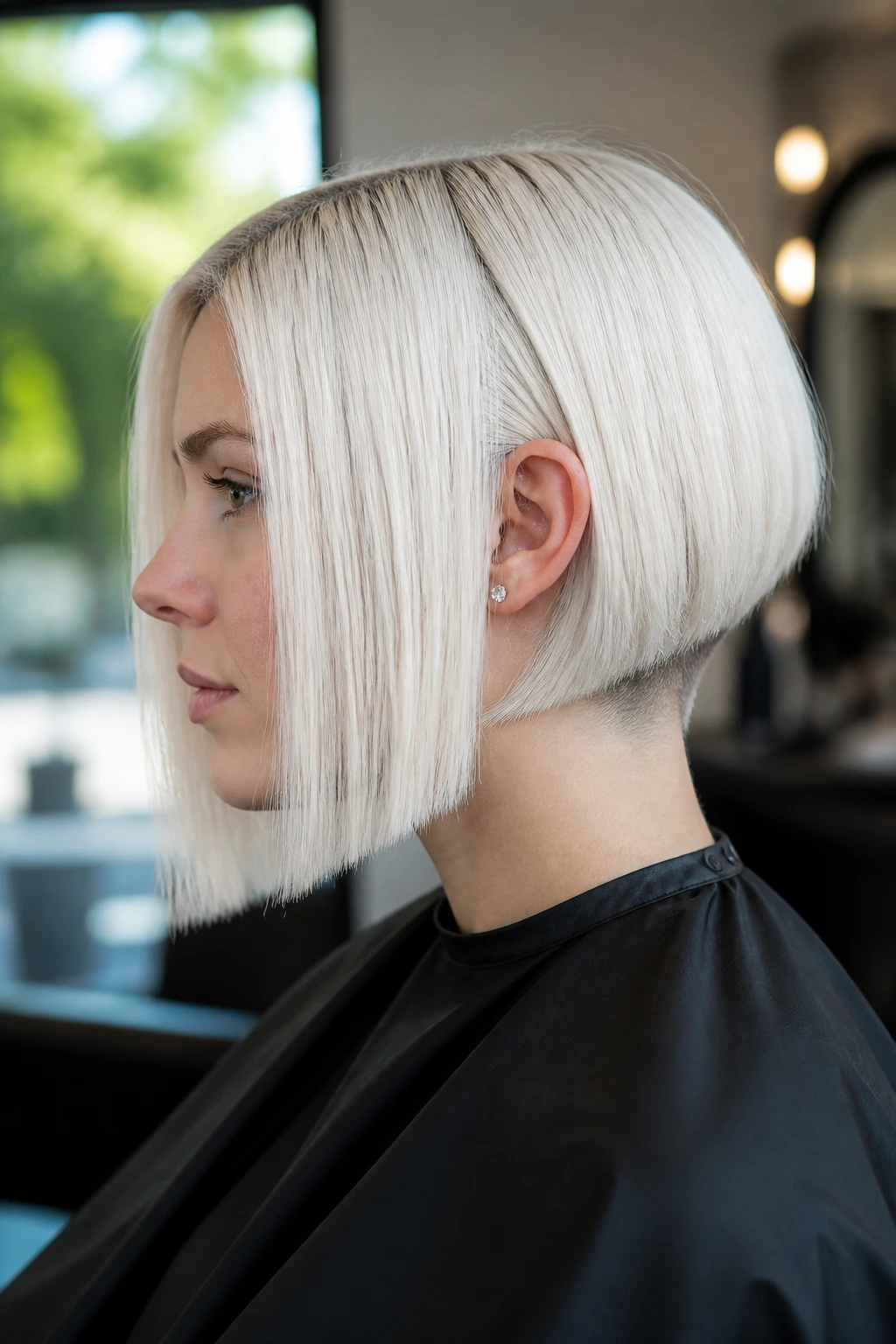 Close-up portrait of a real woman with a white A-line bob and hidden undercut, head-and-shoulders by a window