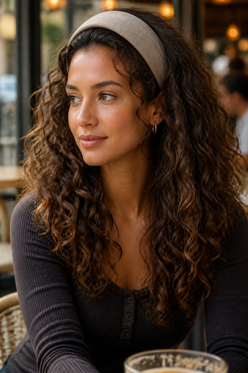 Medium close-up of a real woman wearing a wide headband with curls down