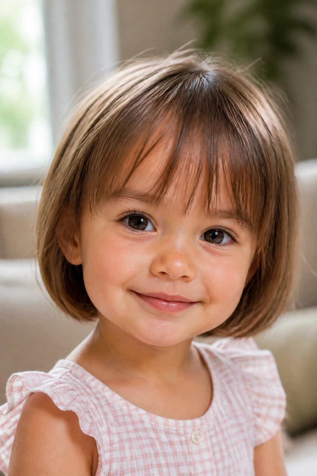 Close-up of baby girl with wispy bangs and a soft fringe