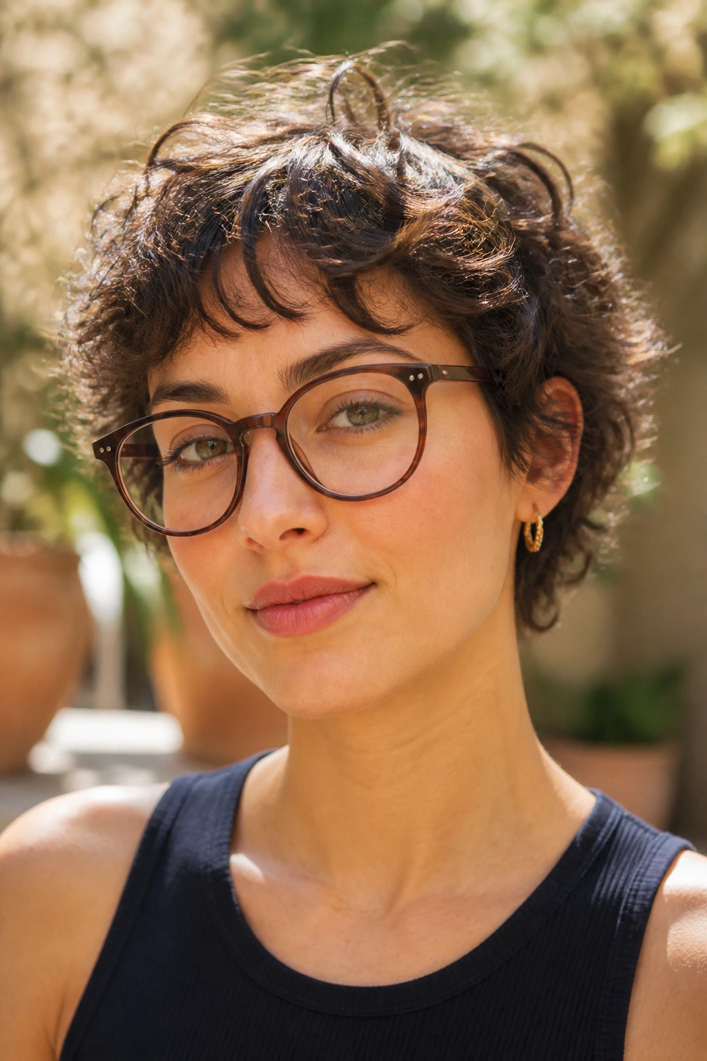 Close-up portrait of a real person with wispy curly crop and light fringe