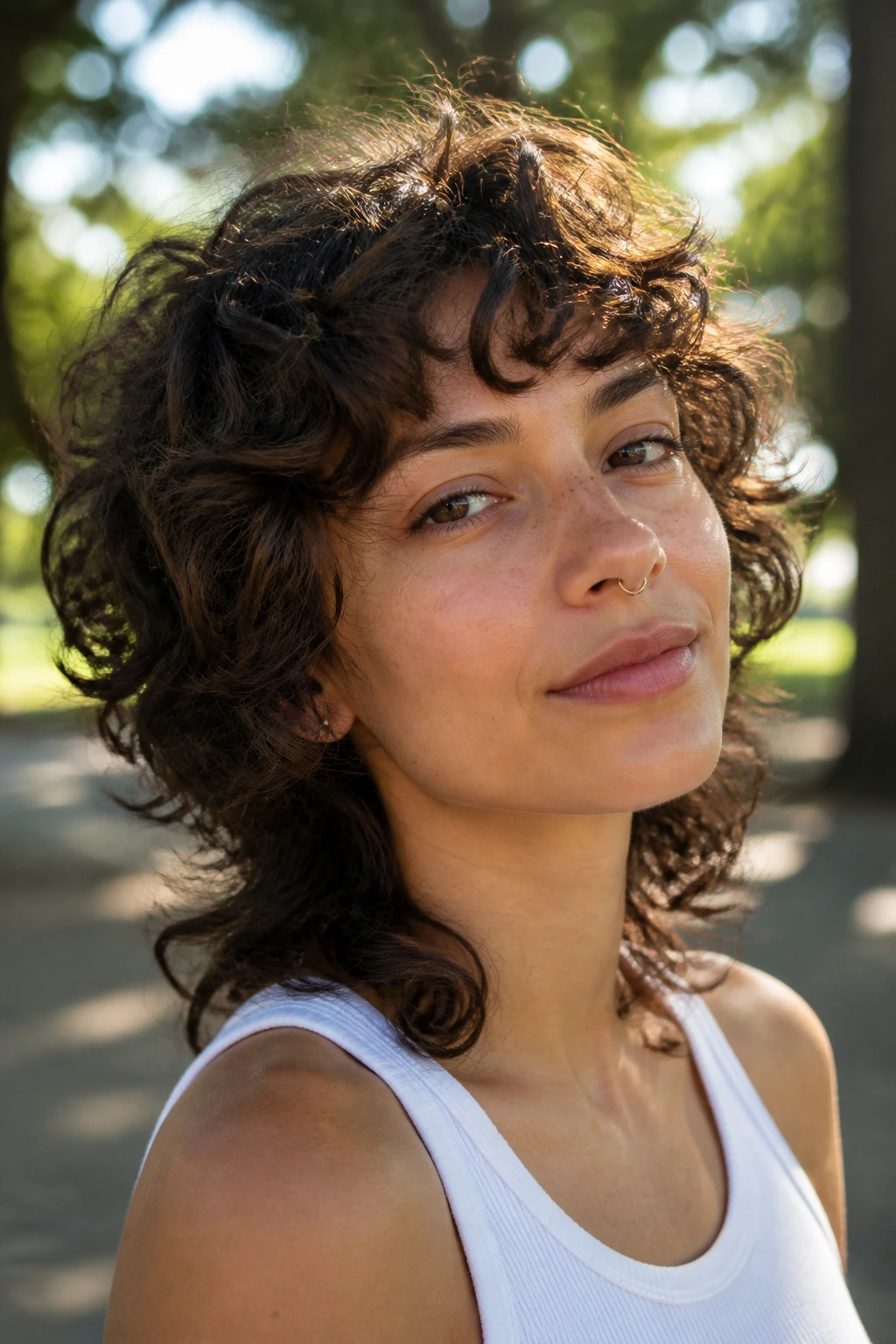 Close-up portrait of a real person with a soft curly wolf cut in an outdoor park setting.