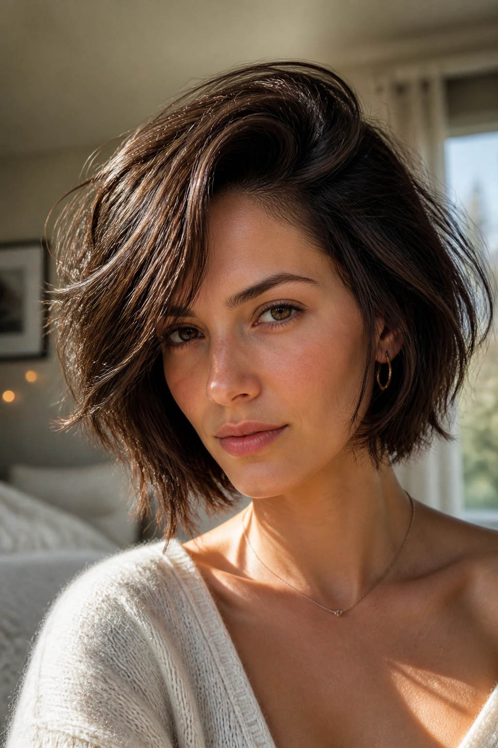 Close-up portrait of a real woman with a tousled wolf cut and deep side part in warm window light.