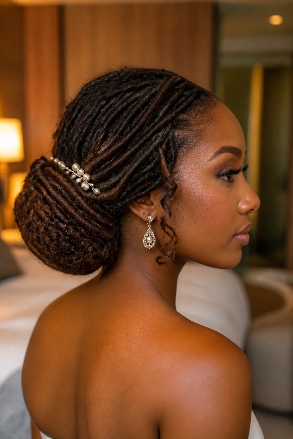 Close-up of real woman with Wrapped Curly Loc Chignon at nape