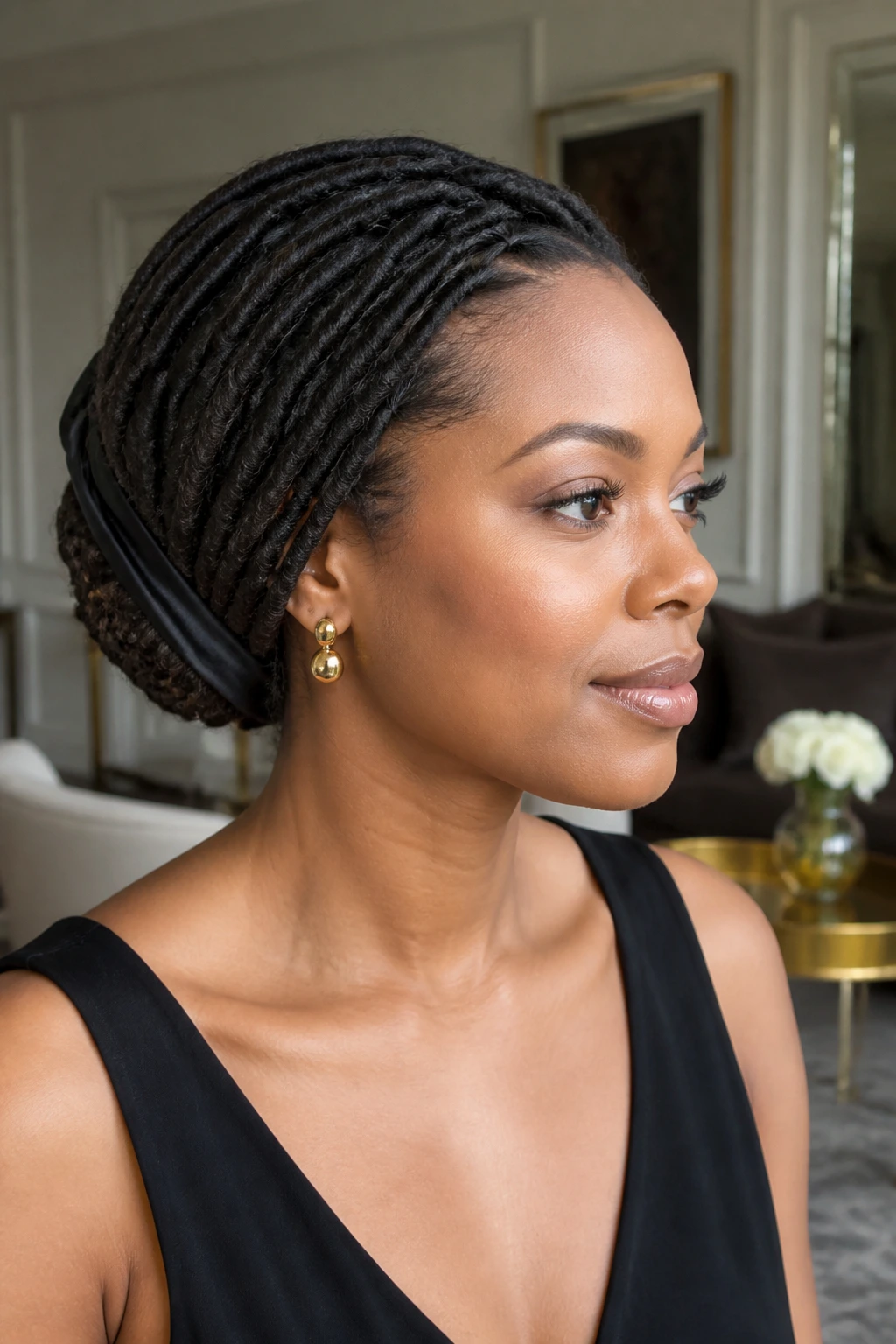 Close-up of a real person with wrapped and tucked loc bob in soft interior light.