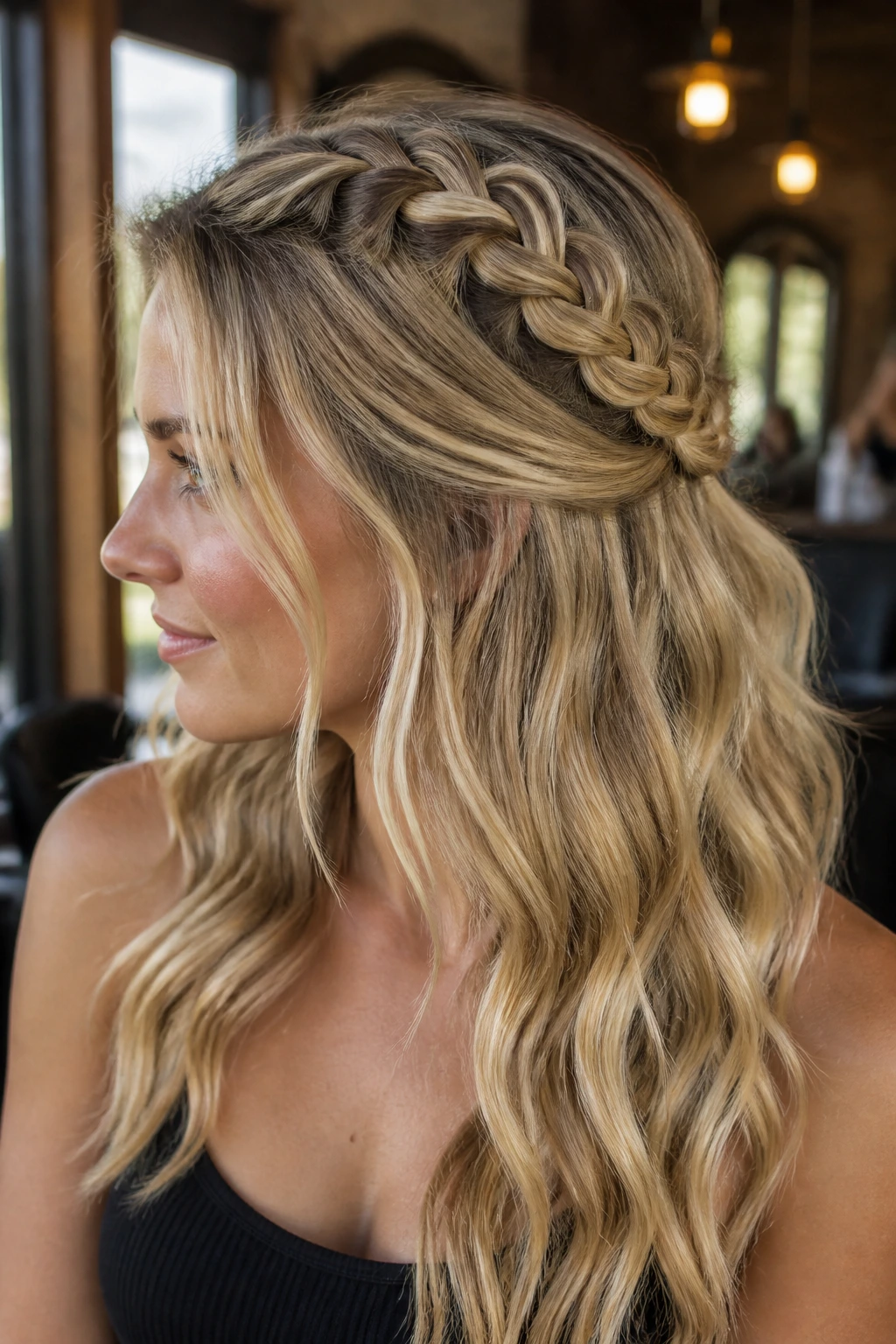 Close-up portrait of a blonde woman with a zigzag half-up braid, warm salon lighting.
