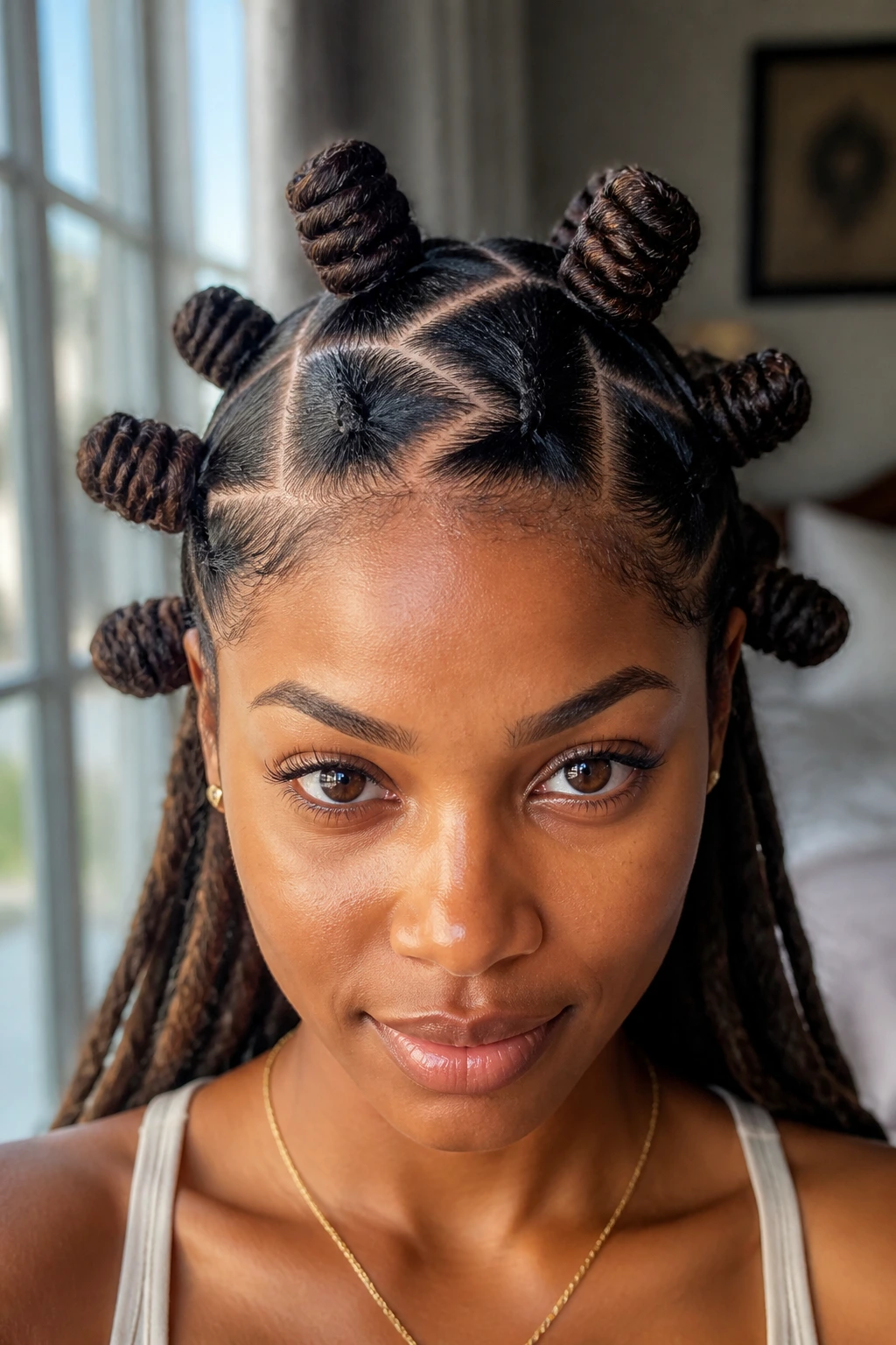 Close-up of head with zigzag part lines and knots on scalp
