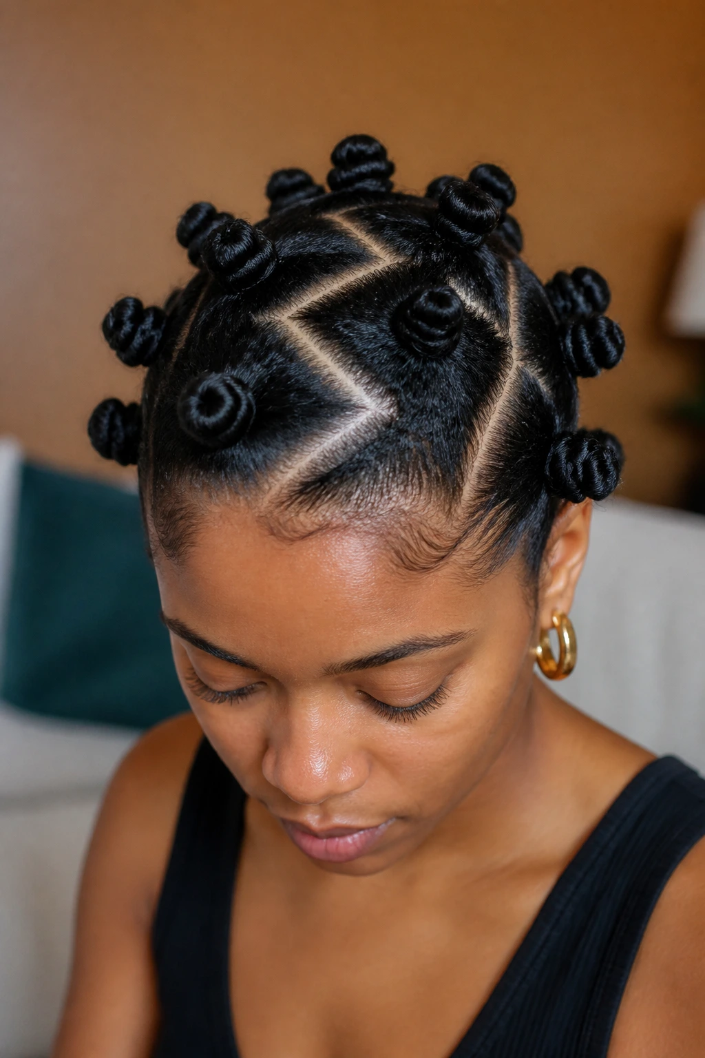 Real person with zigzag-part Bantu knots, scalp pattern visible.