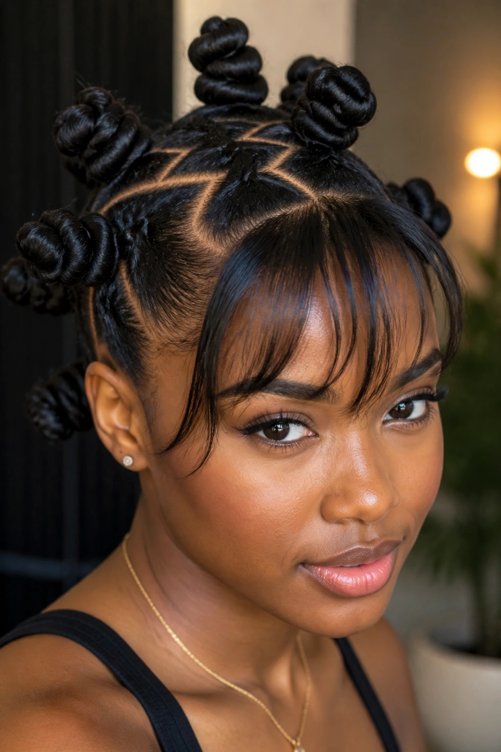 Zigzag-part Bantu knots with feathered bangs close-up portrait