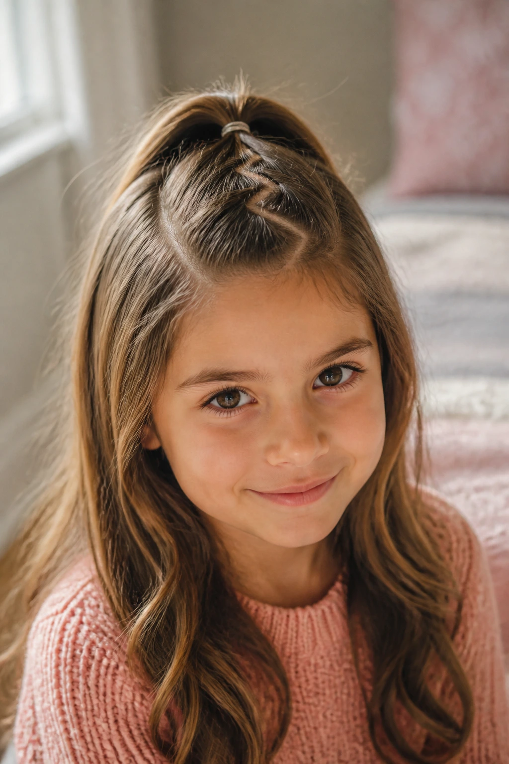 Close-up of a child with a zigzag-part half-up ponytail in a softly lit bedroom