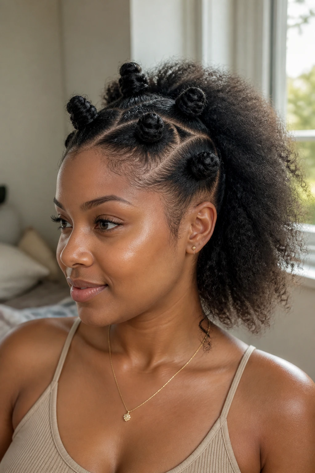 Close-up of a real woman with zigzag part knots and a free Afro back
