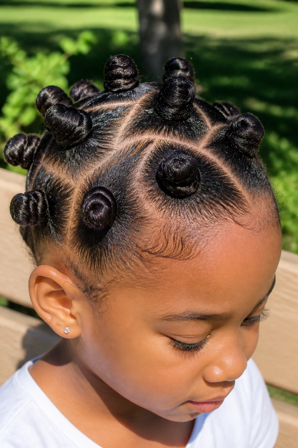 Child with zigzag-part bantu knots in a sunny outdoor setting