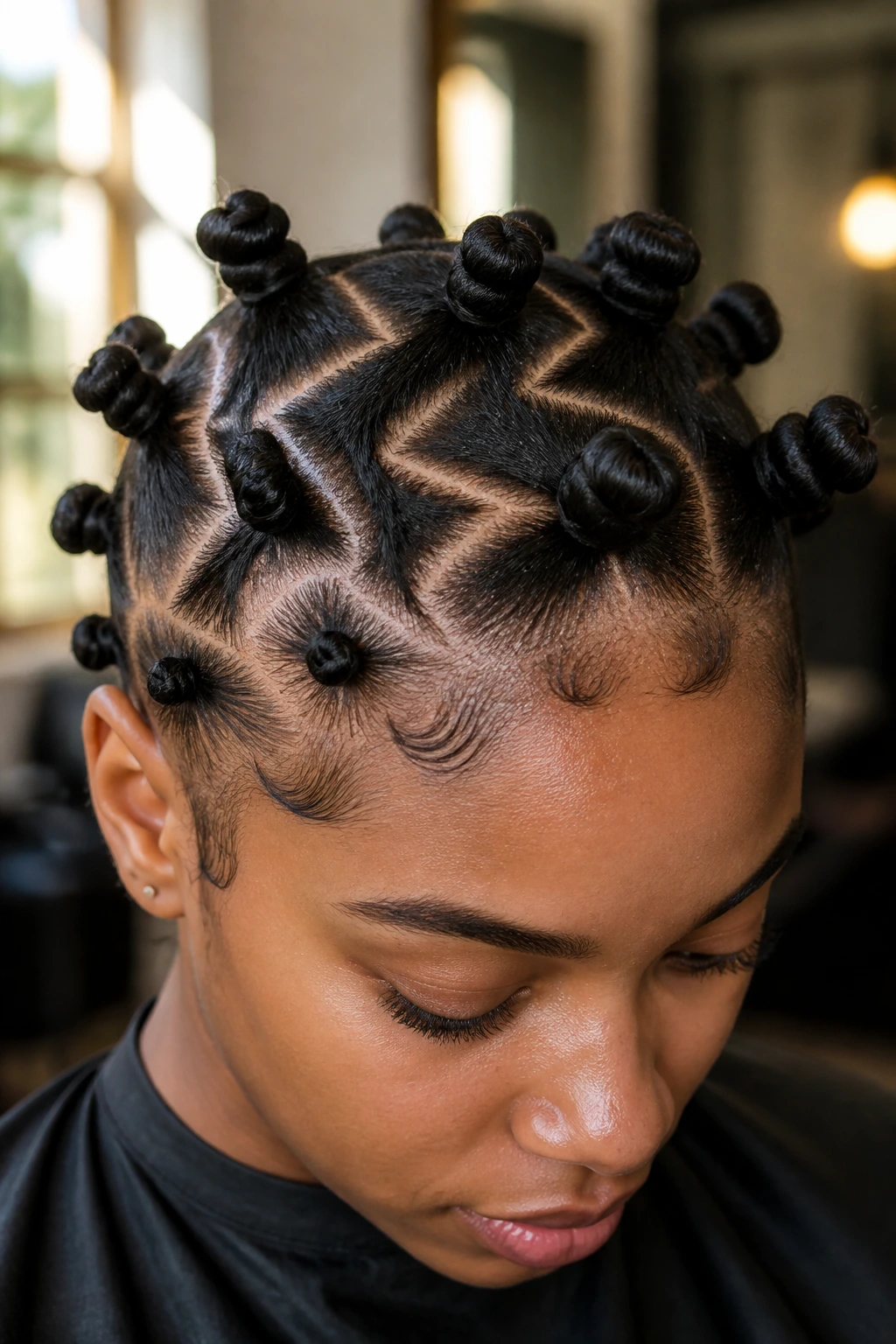 Close-up of zig-zag parts with scattered knots on real woman's braids